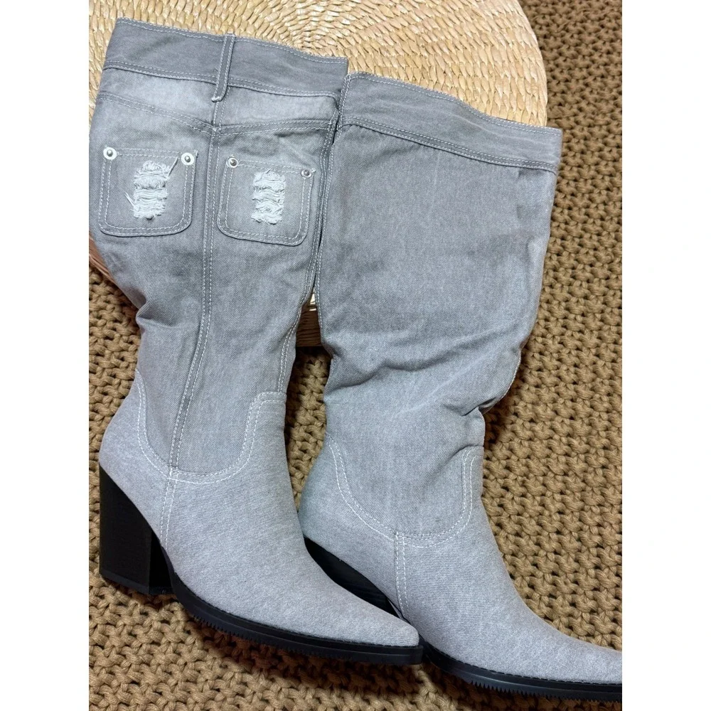 VIVIANLY Gray Denim Look Distressed Pocket‎ Over The Knee Cowboy Western Boots